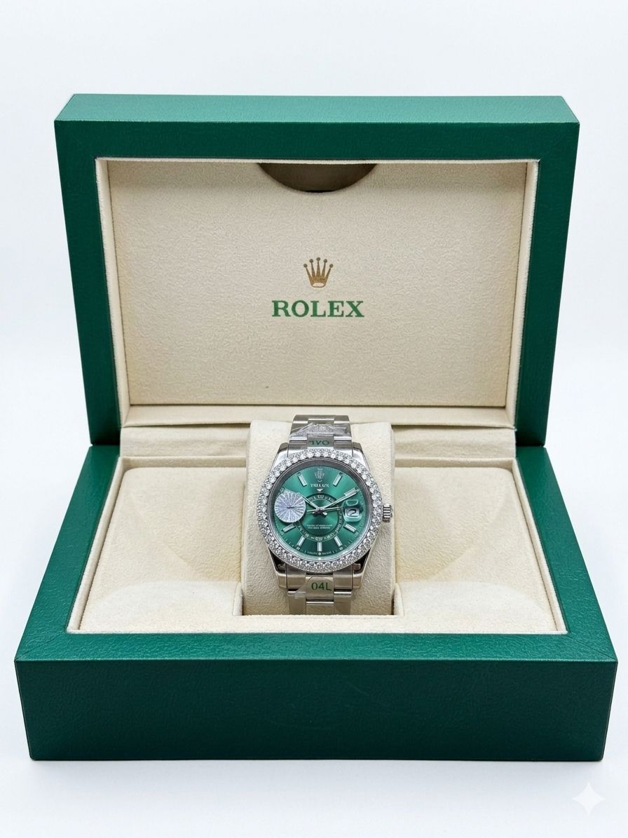Rolex Sky-Dweller Moissanite - Green Dial, Diamond Bezel
