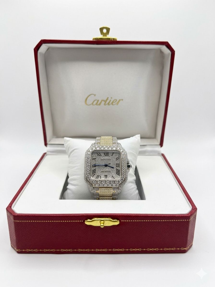 Cartier Santos de Cartier Two-Tone Roman Numeral - Fully Iced Out